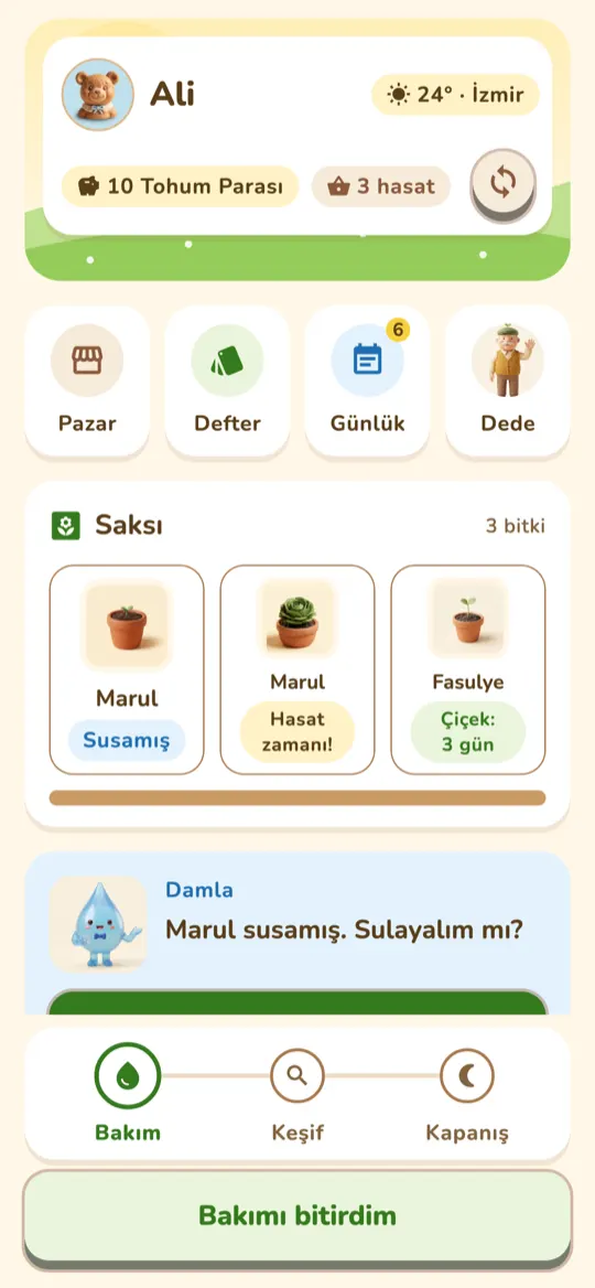 A child's garden in Tohum: pots and Damla's watering reminder